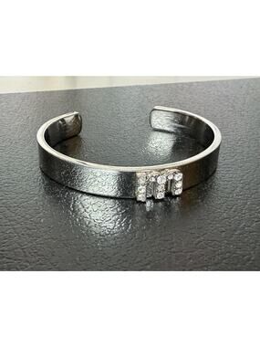 JCM Stainless Steel Cuff Initial ‘M’ Bracelet Silver & Rhinestone Crystal Signed